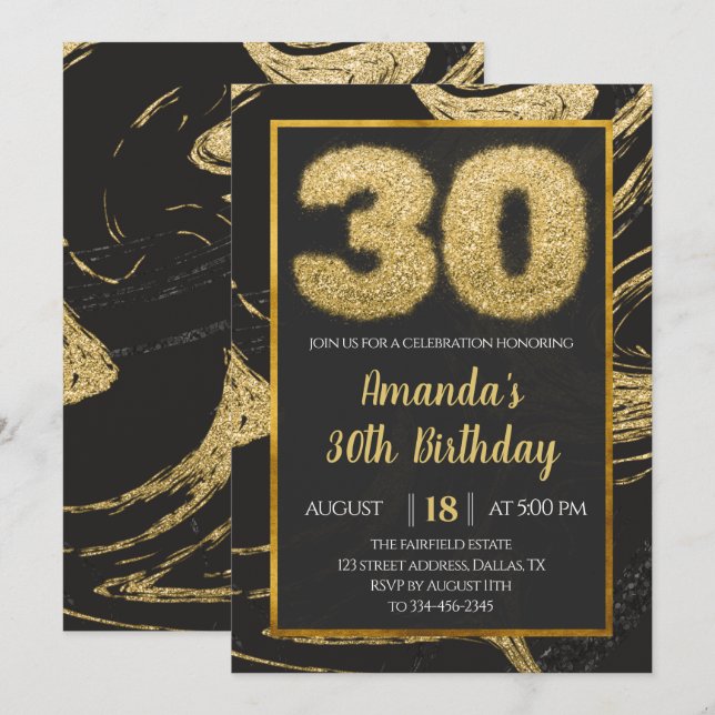 30. Golden Black Marble Geburtstag Einladung (Vorne/Hinten)