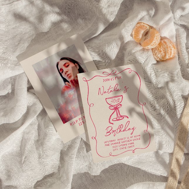 30. Handgezeichnetes Pink Bow Martini Foto Geburts Einladung (Von Creator hochgeladen)
