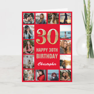 30. Happy Birthday Rot und Gold Foto Collage Karte