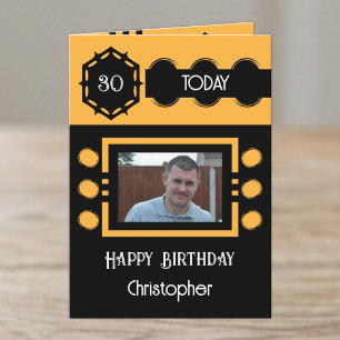 30 heute Foto Name schwarz orange Geburtstag Karte