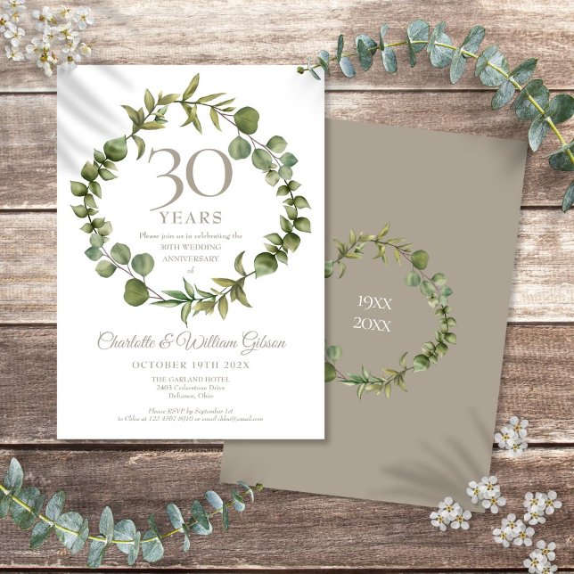 30. Hochzeitstag Pearl Greenery Garland Einladung (30th Wedding Anniversary Pearl Greenery Garland Invitation)