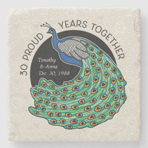 30. Hochzeitstag, Pfau und Herzen Steinuntersetzer