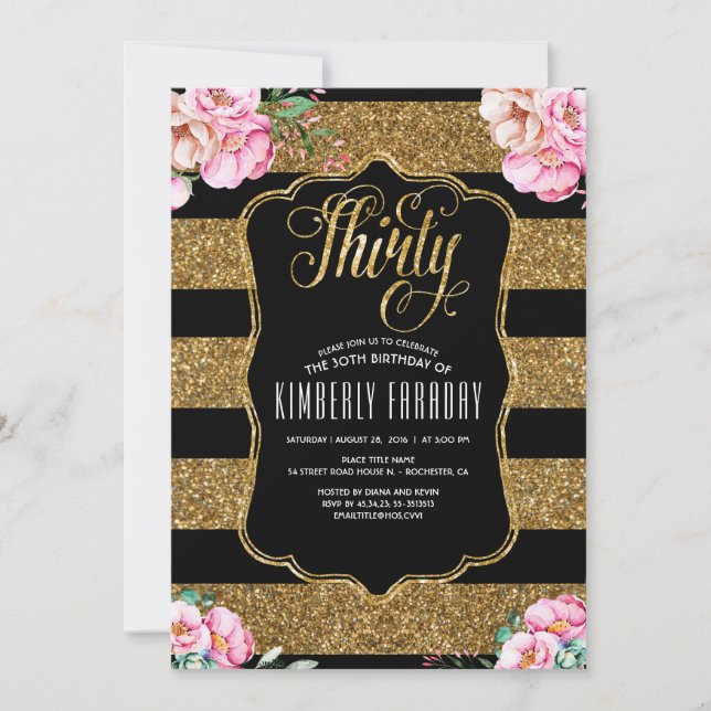 30 Invitations de fête d'anniversaire - Floral Gol (Devant)