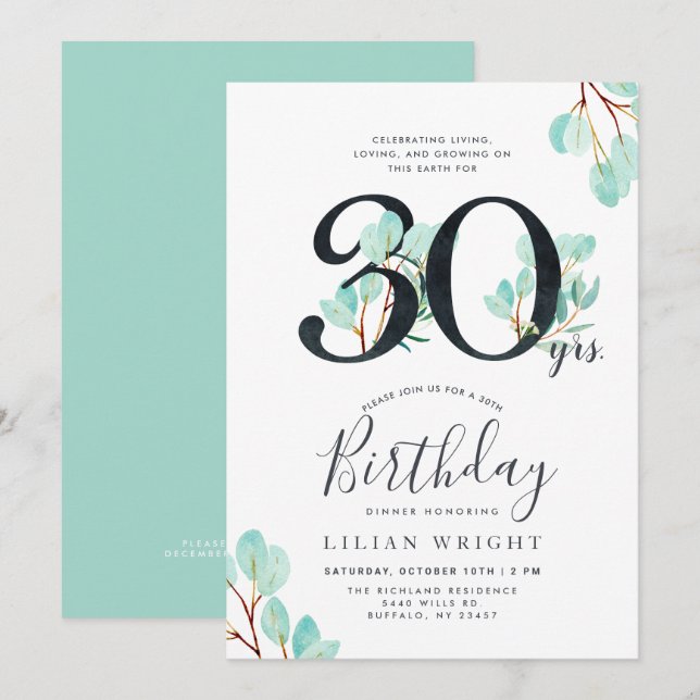 30 Jahre wachsen | 30. Geburtstag | Eukalyptus Einladung (Vorne/Hinten)