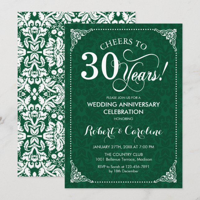 30. Jahrestag der Hochzeit Emerald Green Damask Einladung (Vorne/Hinten)