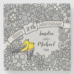 30. Jubiläum, Blumen und Vögel Personalisiert Steinuntersetzer