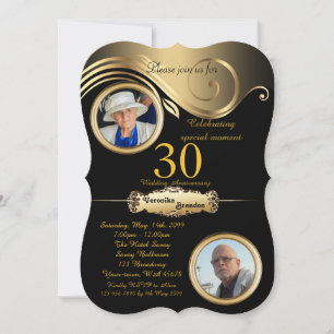 30., Jubiläum Hochzeit, Art Deko, Schwarzgold Einladung