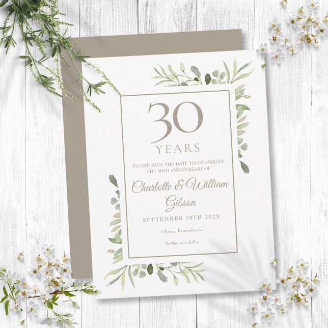 30. Jubiläum Save the Date Aquarellgrün Ankündigungspostkarte (30th Anniversary Save the Date Watercolor Greenery Announcement Postcard)