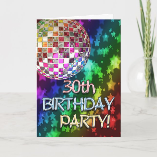 30. Party mit Diskoball und Regenbogen der Sterne Einladung (Vorderseite)