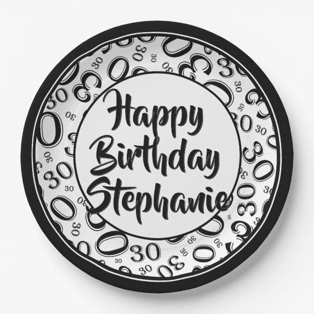 30. Party Random Number Pattern Schwarz/Weiß Pappteller (Vorderseite)