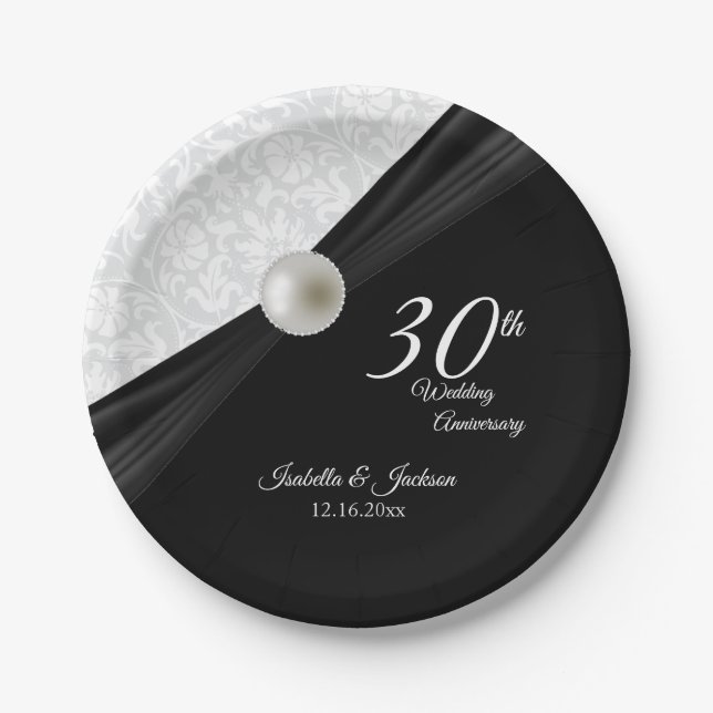 30. Pearl & Black Wedding Jubiläum Design Pappteller (Vorderseite)