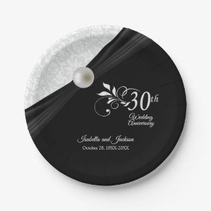 30. Pearl & Black Wedding Jubiläum Design Pappteller