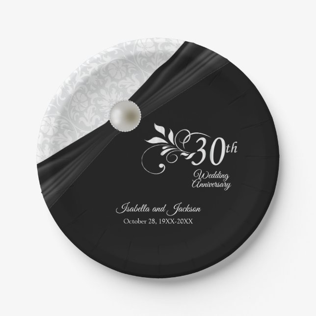 30. Pearl & Black Wedding Jubiläum Design Pappteller (Vorderseite)