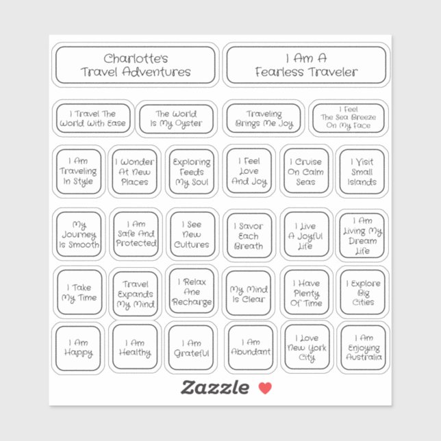 30 Schwarz-Weiß-Reise-Affirmation Square Aufkleber (Blatt)