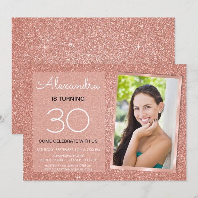 30. Sparkle Rose Gold Blush Pink Foto Einladung (Vorne/Hinten)