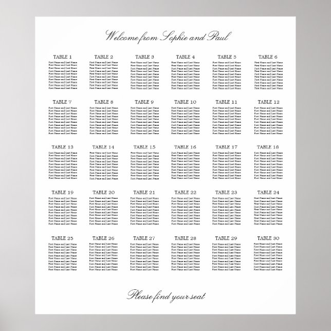30 Tabelle Elegantes Minimalistisches Sitzdiagramm Poster (Vorne)