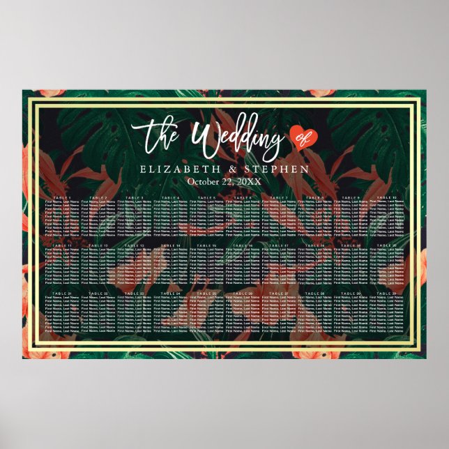 30 Tables Sitzdiagramm tropischer floraler Gold-Ra Poster (Vorne)