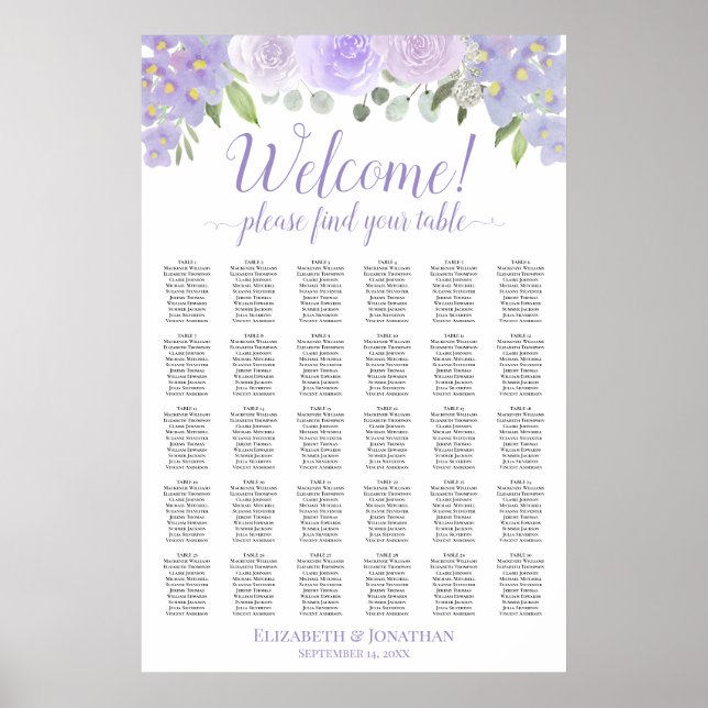 30 Tischlavender Floral Wedding Chart Poster (Vorne)