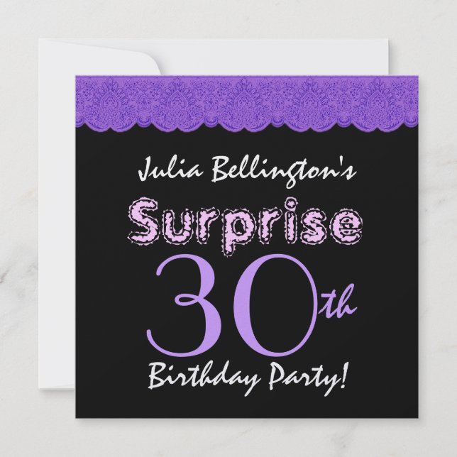 30. Überraschung Geburtstag Lila Spitze Damask W19 Einladung (Vorderseite)