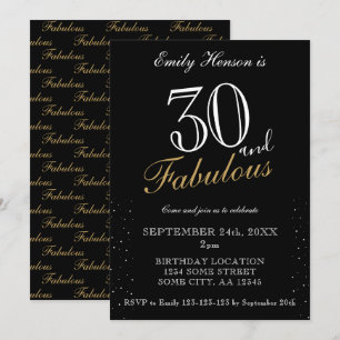 30 und Fabulous Black Elegant Script Geburtstag Einladung