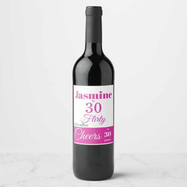 30 und Kokettes, heißrosa Weinetikett (Vorderseite)