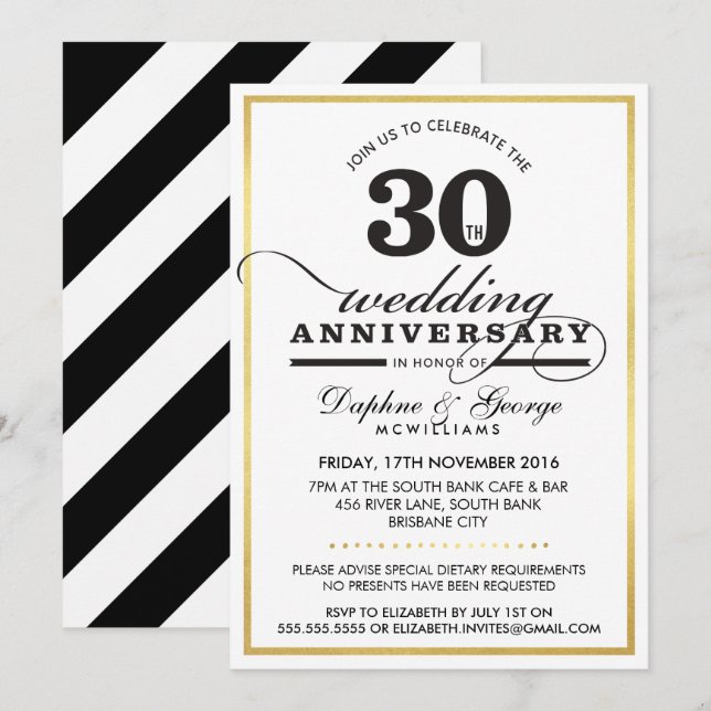 30. WEDDING ANNIVERSARY Klasse stilvolle Gold schw Einladung (Vorne/Hinten)