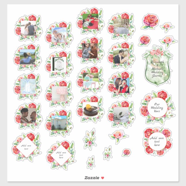 30 x WEDDING Journal Planner Rote Rosen Foto Text Aufkleber (Blatt)