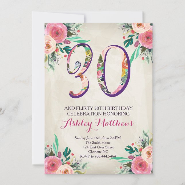 30e anniversaire Belle Invitation Florale, (Devant)