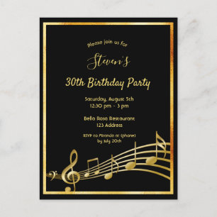 30e anniversaire Black gold music notes invitation