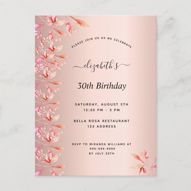 30e anniversaire blush rose invitation florale or  (Devant)