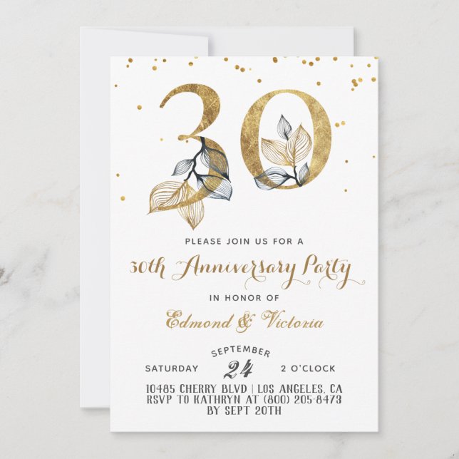 30e anniversaire Gold Floral Invitation (Devant)