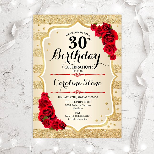 30e anniversaire - Gold Stripes Invitation Rose (Créateur téléchargé)
