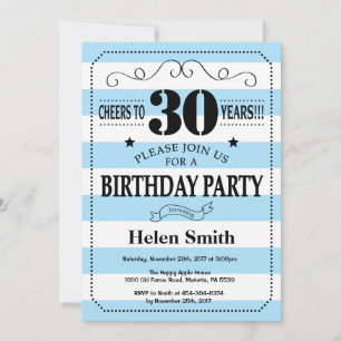 30e anniversaire Invitation Bleu et Blanc rayures