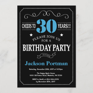 30e anniversaire Invitation Tableau noir et bleu