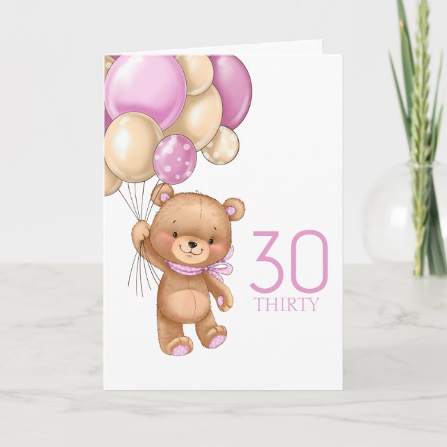 30e anniversaire mignon ballons roses fille carte  (Devant)