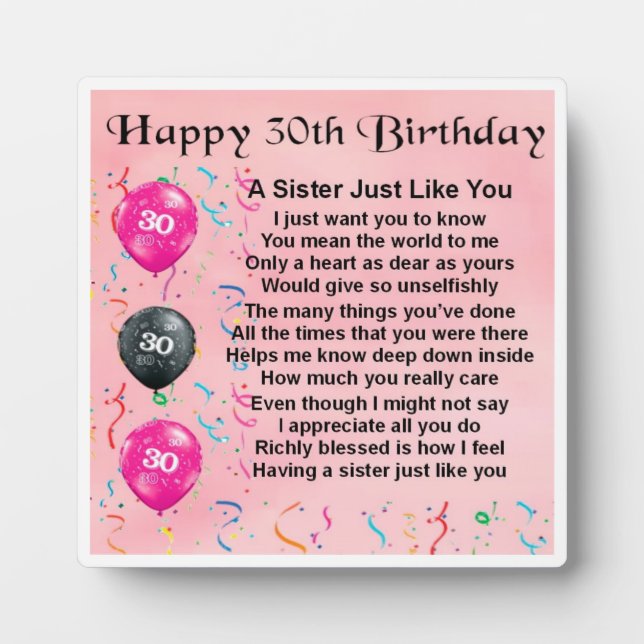 30e anniversaire Soeur Poem Plaque (Devant)