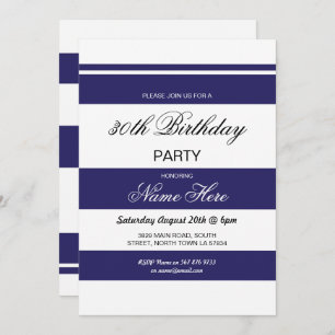 30e anniversaire Stripe Navy & White Invitation 40