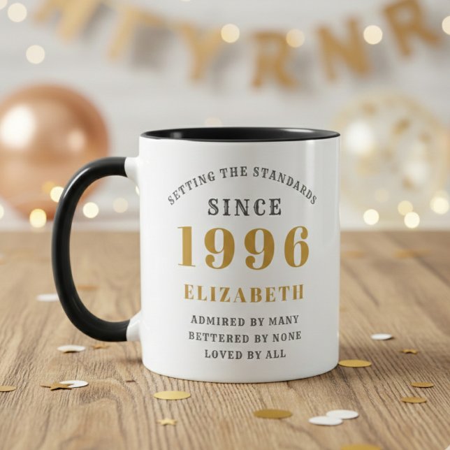 30th Birthday 1996 Add Name Elegant Tasse (Born 1996 birthday gift mug. Wood table out of focus background.)