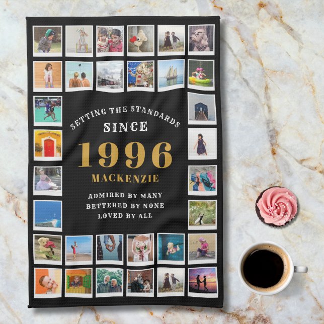 30th Birthday 1996 Family Memories Photo Collage  Geschirrtuch (1996 Kitchen towel. Marble background.)