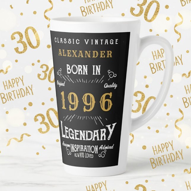 30th Birthday 1996 Legendary Retro Milchtasse (1996 latte mug on a white and gold background)