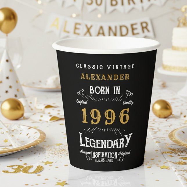 30th Birthday 1996 Legendary Retro Pappbecher (1996 birthday black paper cup on a white and gold background)
