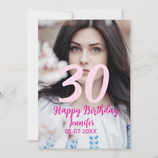 30th birthday add name date year white photo einladung (Vorderseite)