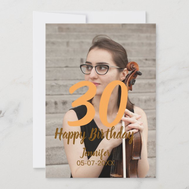 30th birthday add name date year white photo einladung (Vorderseite)