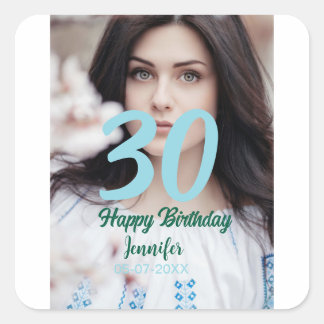 30th birthday add name date year white photo quadratischer aufkleber