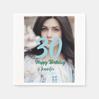 30th birthday add name date year white photo serviette