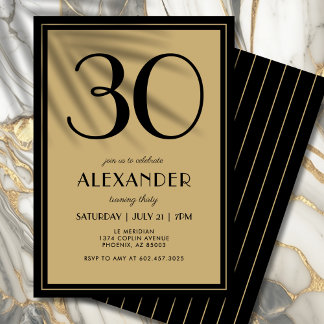 30th Birthday Adult Black and Gold Modern Minimal  Einladung