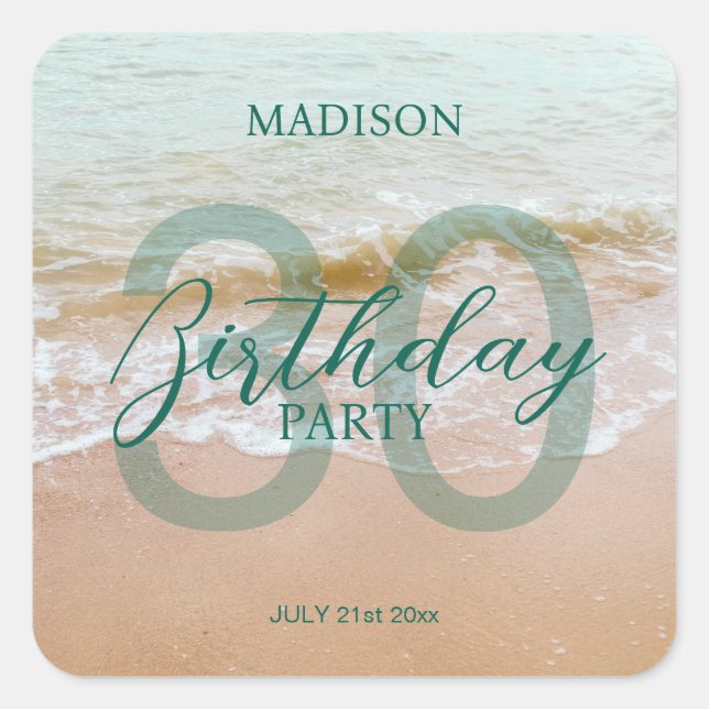30th Birthday Beach Party Quadratischer Aufkleber (Vorderseite)