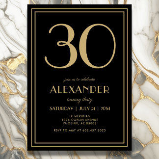 30th Birthday Black and Gold Modern Minimal Adult Einladung