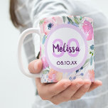 30th birthday boho chic watercolored pink flowers kaffeetasse<br><div class="desc">Romantic,  bohemian,  boho style for a 30th birthday girl. Soft,  feminine watercolored flowers in pink,  green and peach colors with green foliage on a white background.
Template for a name,  age and date,  purple letters. The age number 30 in pink.</div>