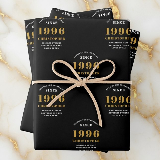 30th Birthday born 1996 Add Name Black Gold Geschenkpapier Set (1996 wrapping paper. White and gold background.)